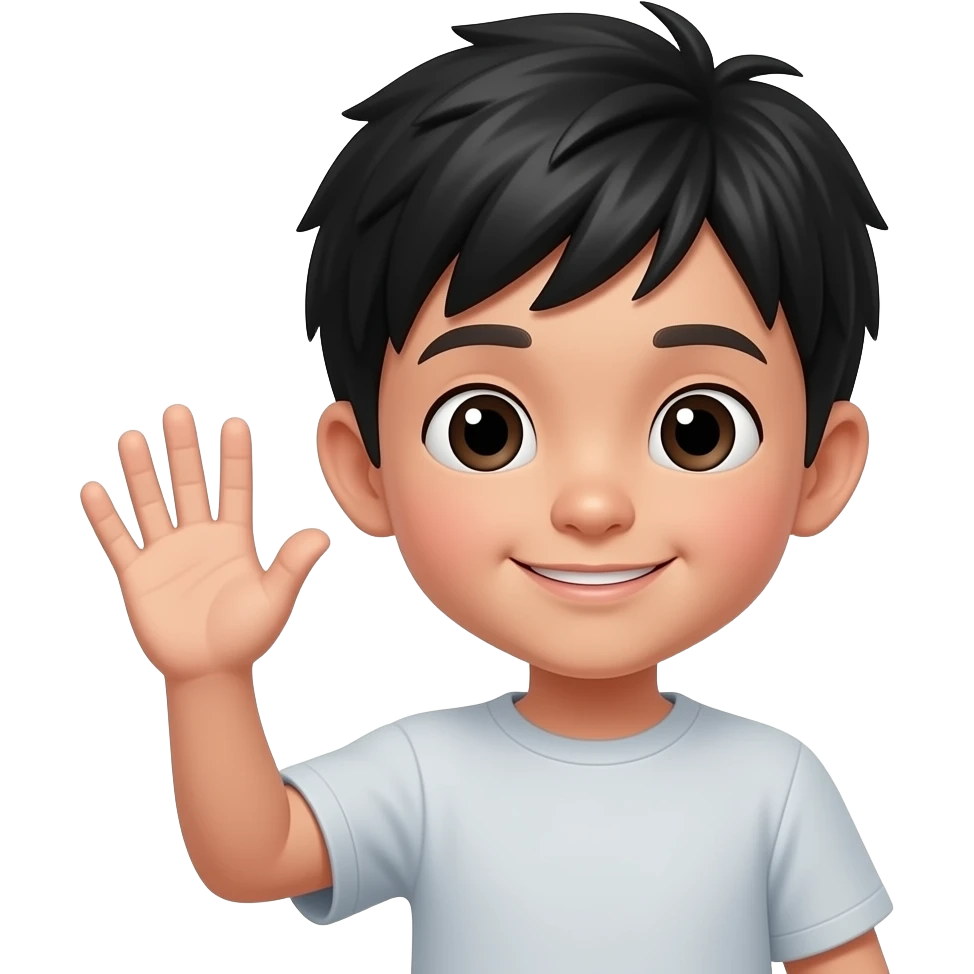 fair skinned asian boy with black hair waves hand gesturing good bye emoji