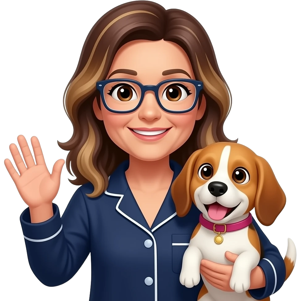50-year-old woman with very dark brown eyes,  long brown balayage hair, parted on the left, with pale skin, with dark navy rectangular glasses, holding a beagle that looks happy. She is wearing a navy pajamas. The beagle has a pink collar. The woman is waving goodbye. There are Zzz above her head emoji