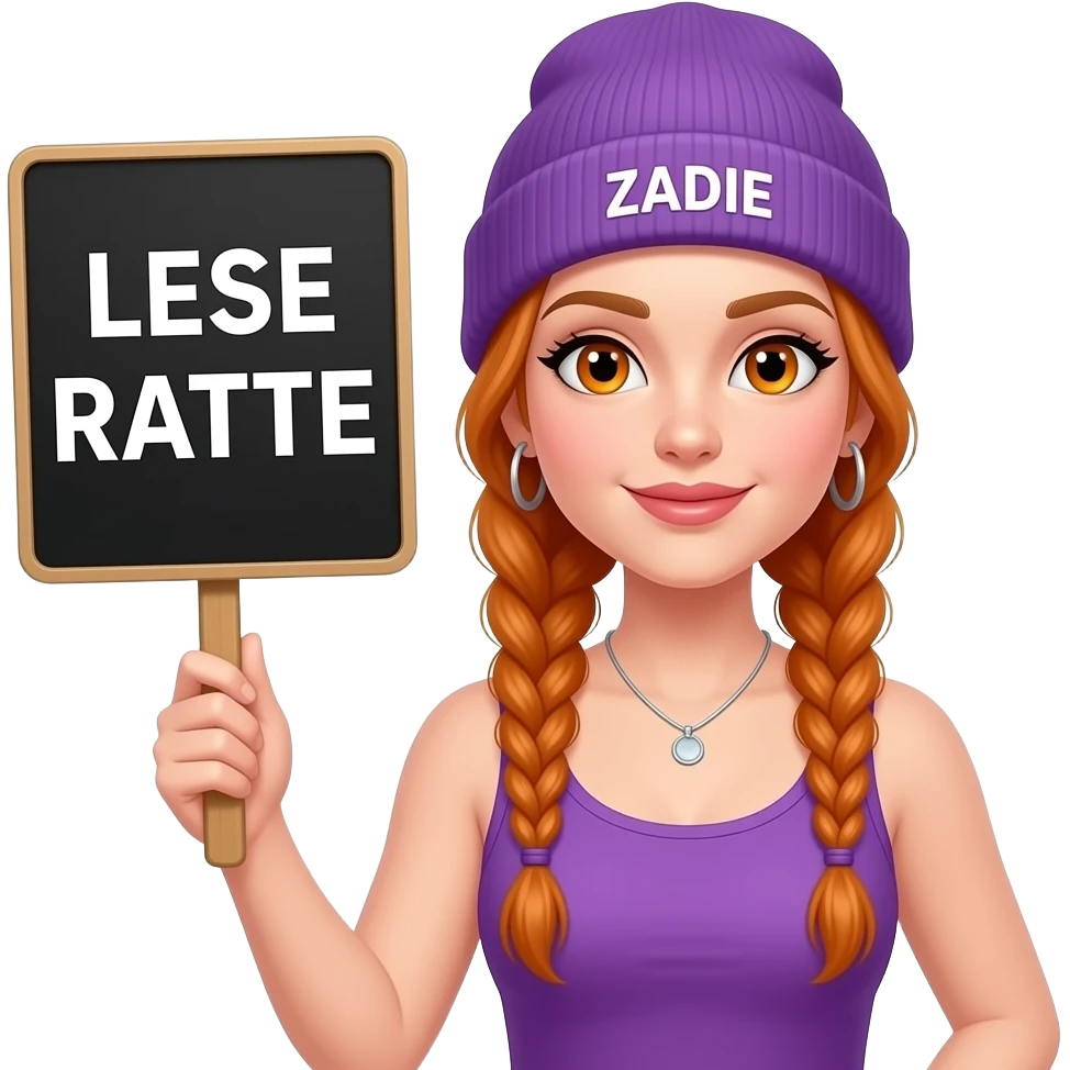 sexy girl with overlong ginger braids and ginger eyes wearing a purple tanktop and a purple beanie with ZADIE written on it, is holding a black sign with LESE RATTE written on it emoji