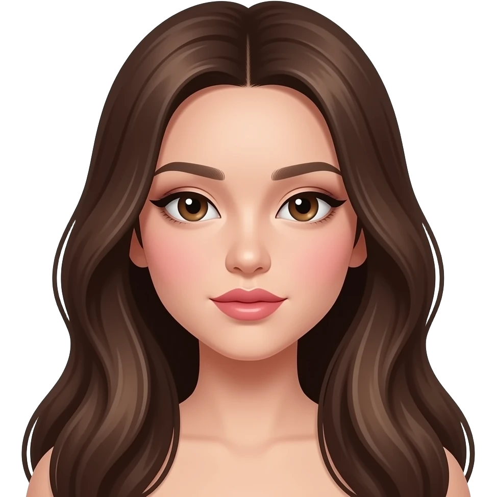 hourglass body beautiful wasian girl with smokey eyeliner + blush + long blowout brown hair + brown doe eyes + huge lips + straight very long black hair + light skin emoji