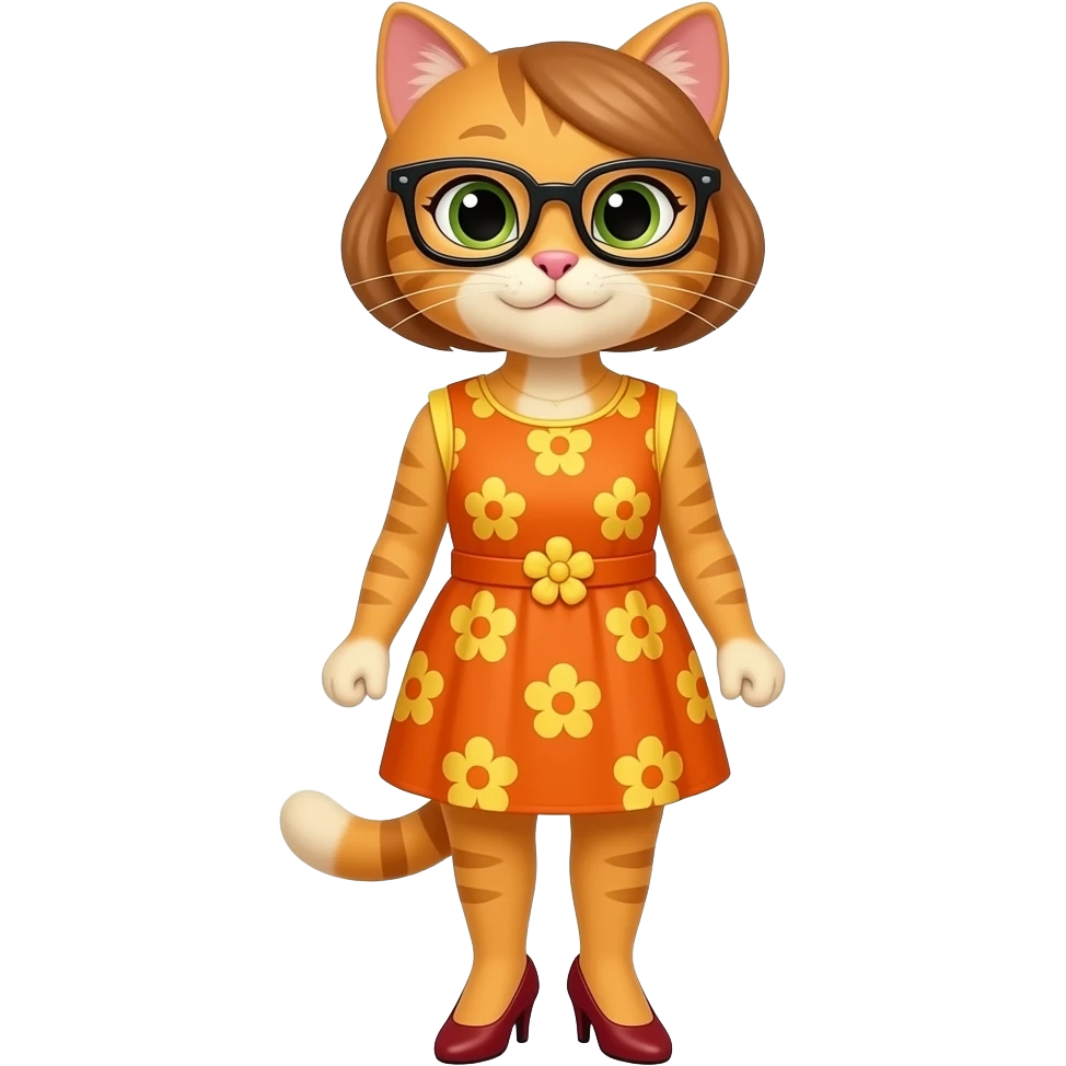 Mrs.Kat(Teacher(Orange-Yellow Mother Cat Of Kat(With Orange Short Dress With Yellow Flowers Without Plants Without Sleeves With Tiny Orange Belt With Yellow Flowers Without Plants, Dark Red High Heels Shoes, Black Eyeglasses And Visible Yellow Bloomers))). emoji