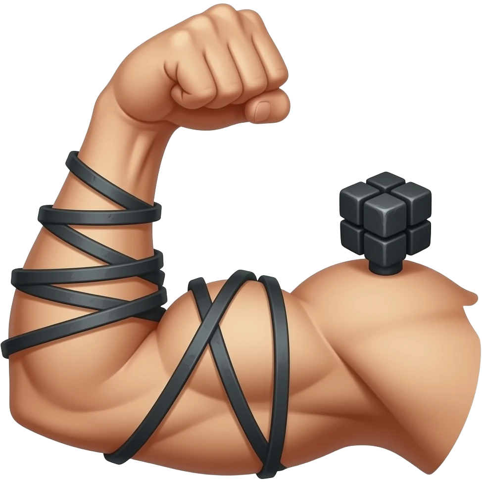 Flexed bicep with black phylacteries with stapes coming out of it, spiral wrapped around the arm with the black phylacteries cube on the top of the bicep💪➰⬛️ emoji