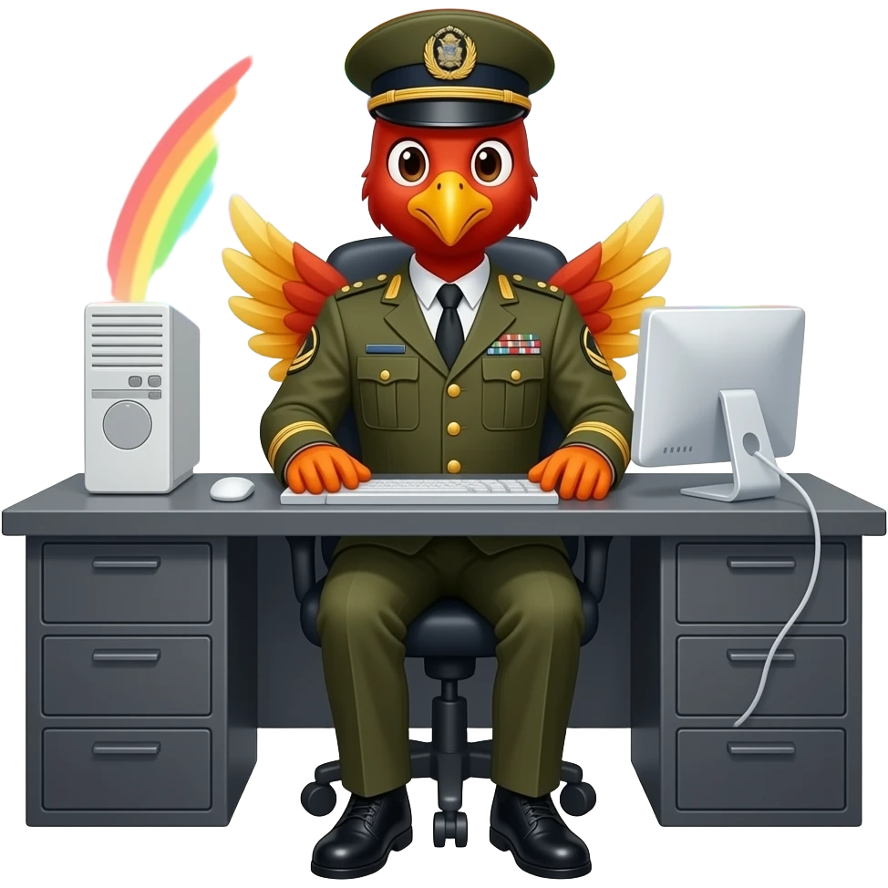 Military Phoenix at a fancy computer desk With rainbow lights around it emoji