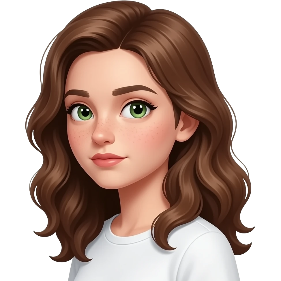 Brown wavy long hair green eyes cute face with freckles pretty girl in white top side view doing side eye with suspicious  face expression emoji
