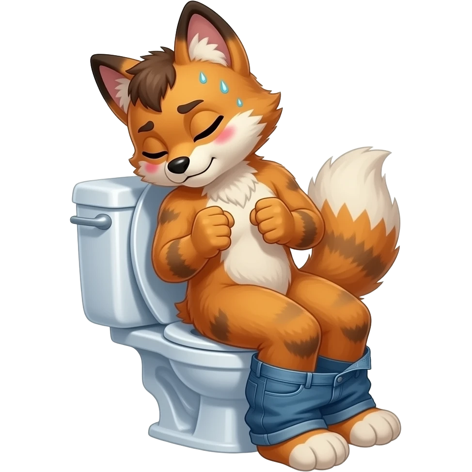 fursuit sitting on toilet, pants down, side view , both fists , uncomfortable, squeezing, straining, sweating, red cheeks, eyes closed emoji
