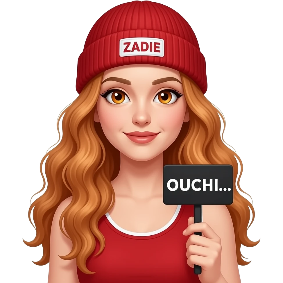 sexy girl with overlong wavy ginger hair and ginger eyes wearing a red tanktop and a red beanie with ZADIE written on it, is holding a black sign with OUCHI... written on it emoji