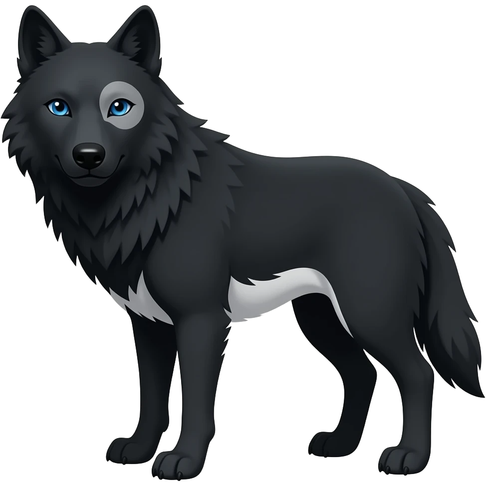 black wolf with blue eyes and greyish white markings over the left eye around the eye,  and a bit of white on theunderbelly and tail emoji