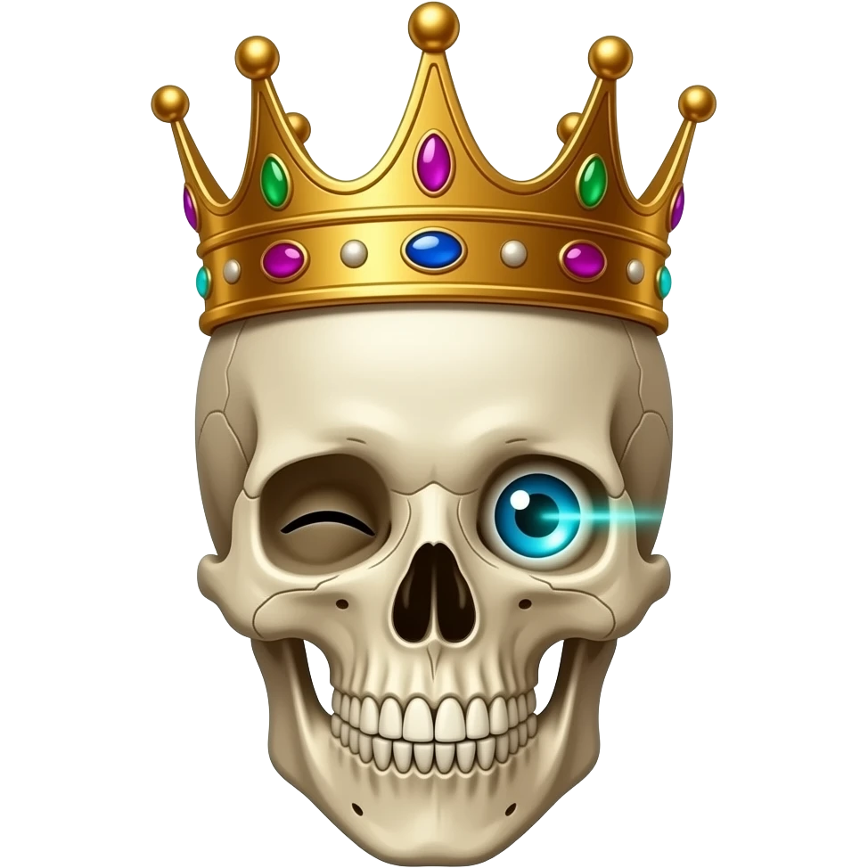 A scull with one laser eye that is winking and has a crown emoji