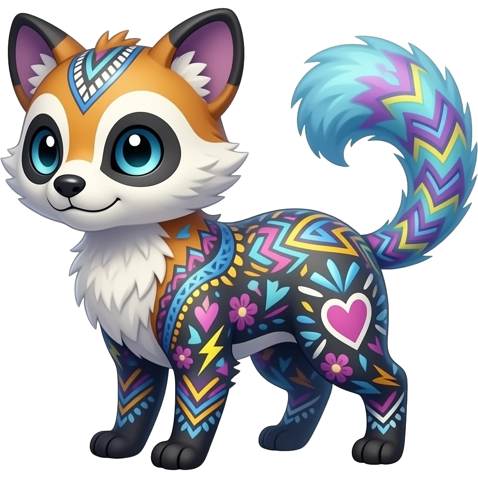Colorful unique fantasy original shiny smooth soft flurry edgy cool Civet-Absol-Sprigatito-Vaporeon-Fakémon-hybrid with tribal chevron heart floral lightning bolt strikes damask paisley markings emoji