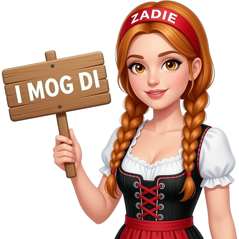 sexy girl with overlong ginger braids and ginger eyes wearing a black red dirndl and a red headband with ZADIE written on it, is holding a sign with I MOG DI written on it emoji