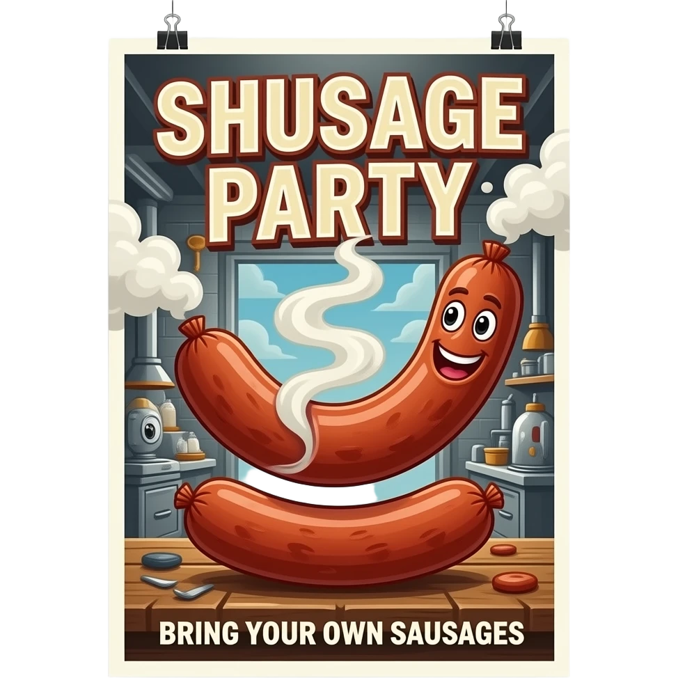 Poster "Sausage party at SteamWorks, bring yours tonight." emoji