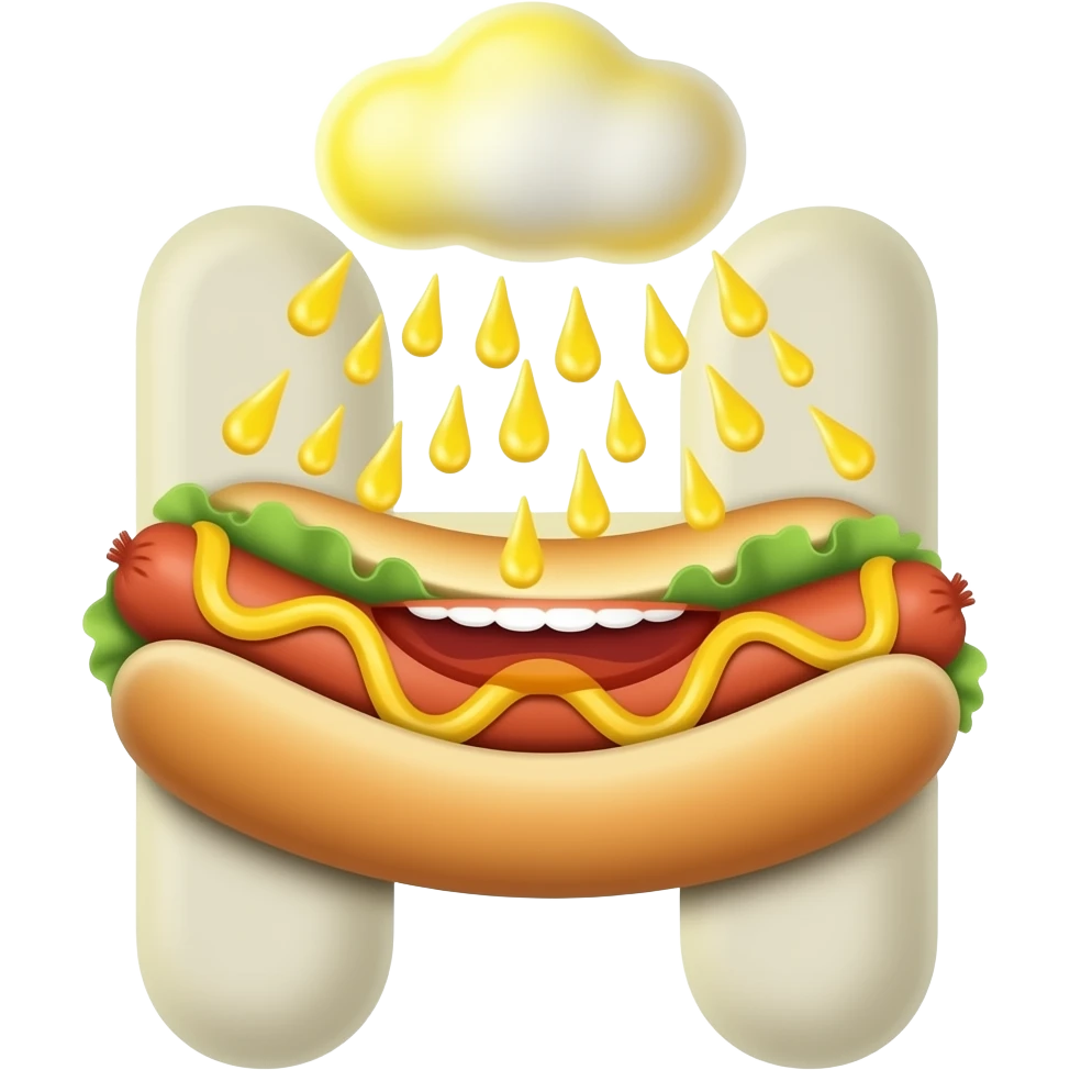 the letter ꙮ eats a hotdog as egg yolks rain down from the sky emoji