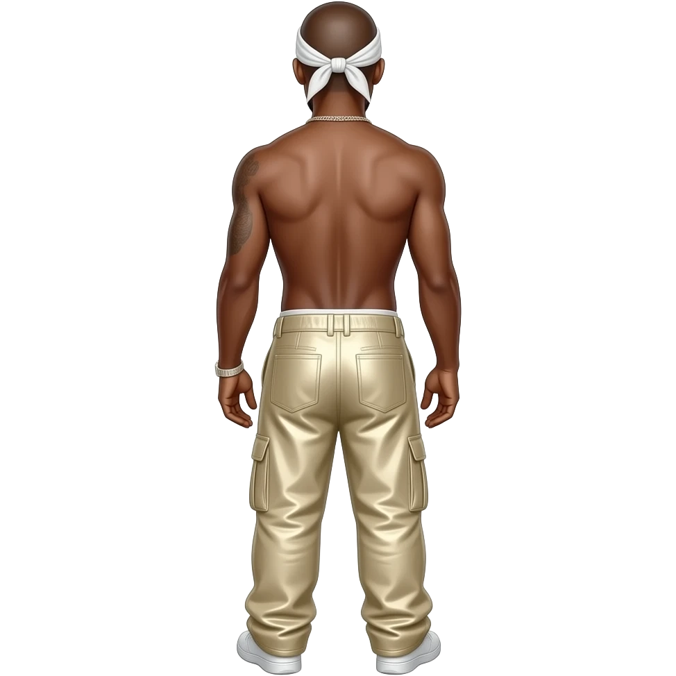 Tupac from behind with bald, white headscarf, ivory metallic saggy pants, shirtless with necklace emoji
