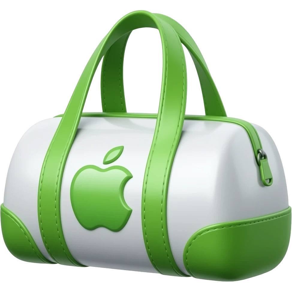 Apple iOS style white sports bag emoji, glossy 3D duffel bag, green accent details, minimal luxury design, front-facing, smooth shading, ultra detailed, clean background, premium iOS emoji aesthetic emoji