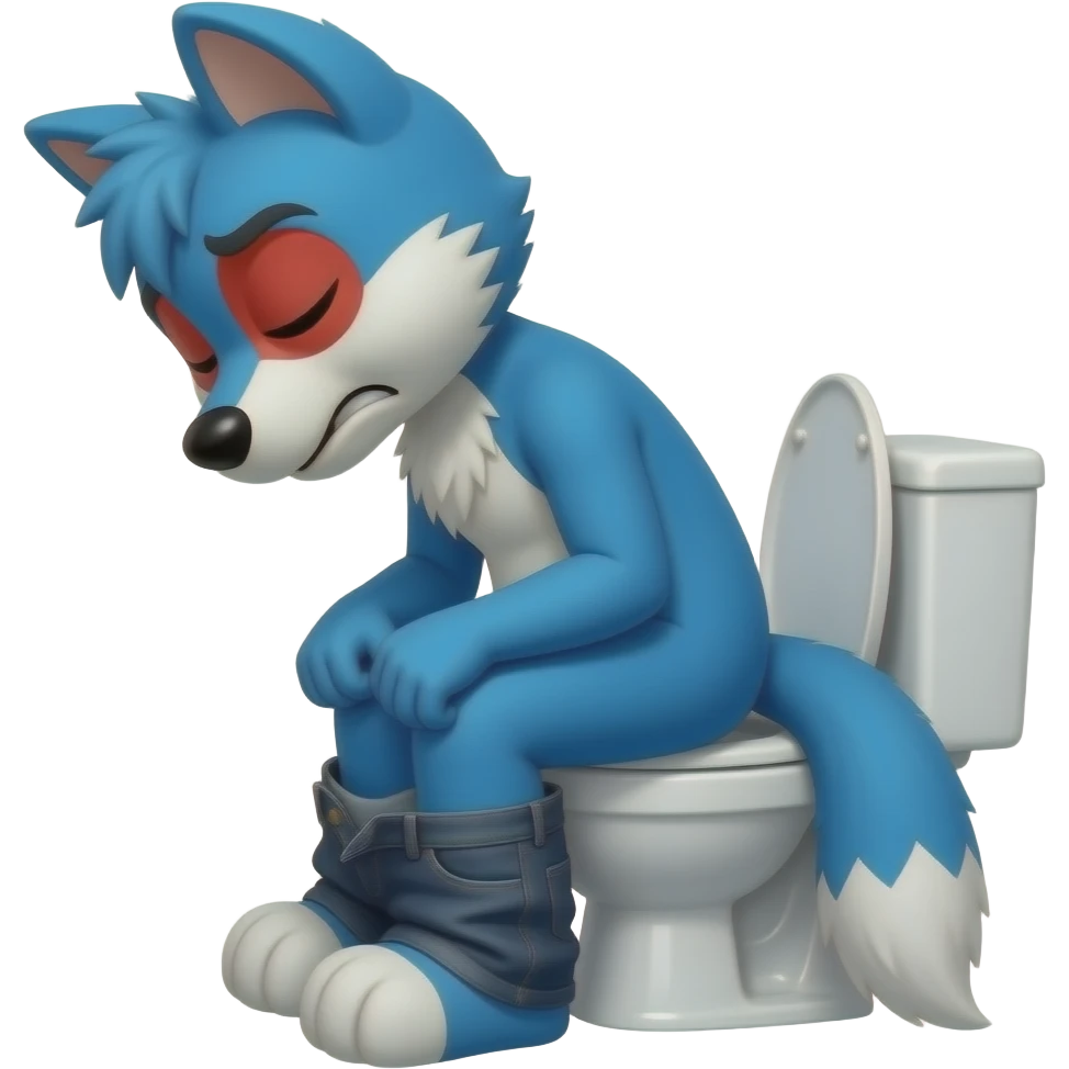 blue fursuit sitting on toilet, side view , pants down, pushing, eyes closed, straining face,  uncomfortable, red face emoji