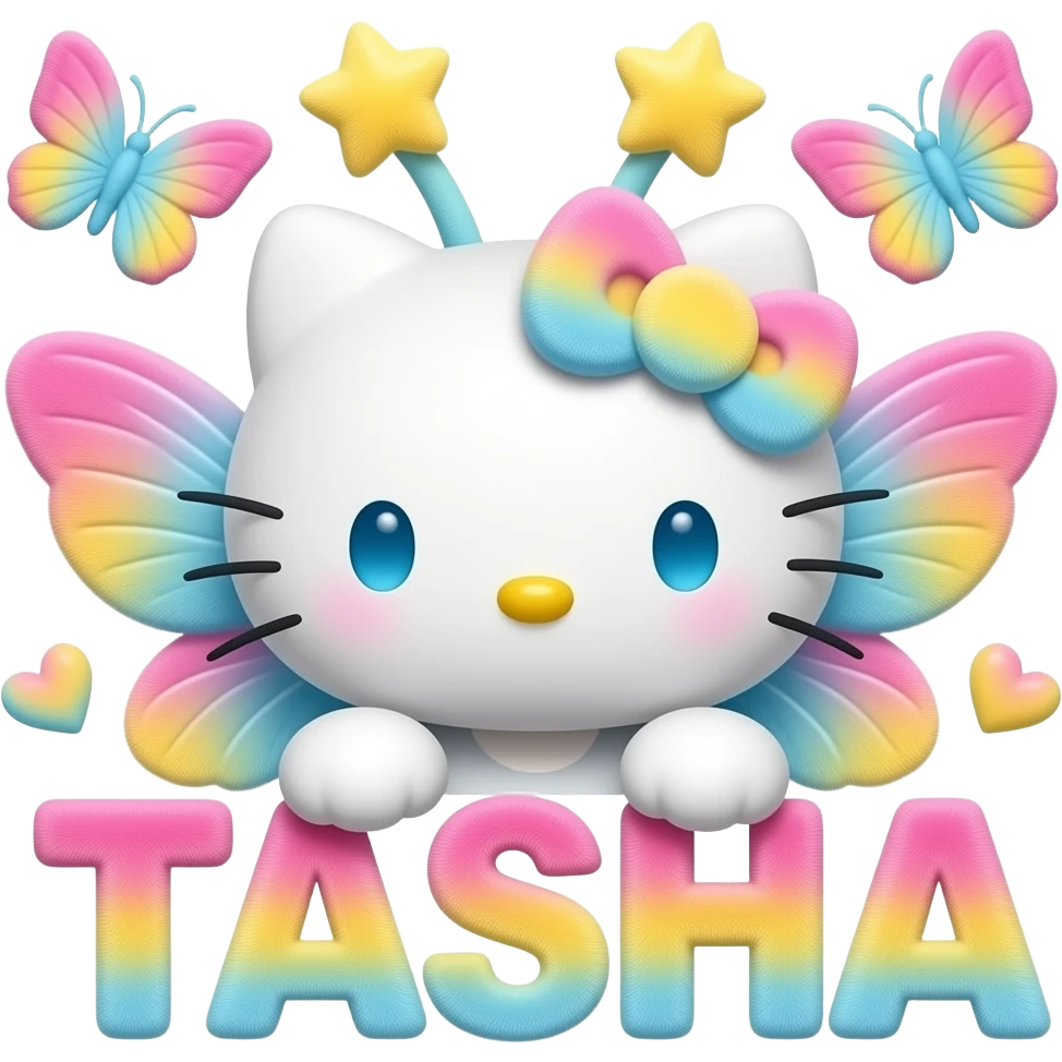 White velvety fur 3D hello kitty head, blue eyes, pink yellow blue ...