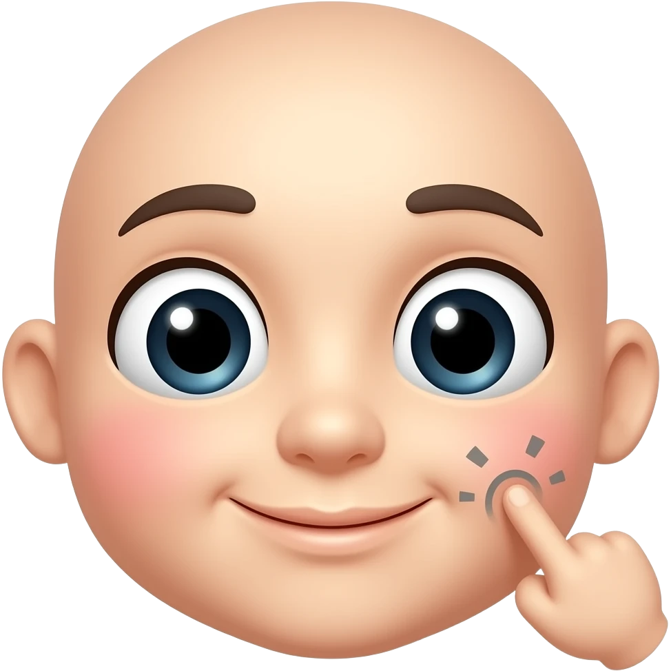 iOS-style 3D emoji half-face, cute symmetrical face, one big glossy eye, tiny smile, blush cheek, one index finger touching the cheek, cheek-poke pose, gray motion lines, glossy rounded shading, light background, adorable and polished icon style. emoji