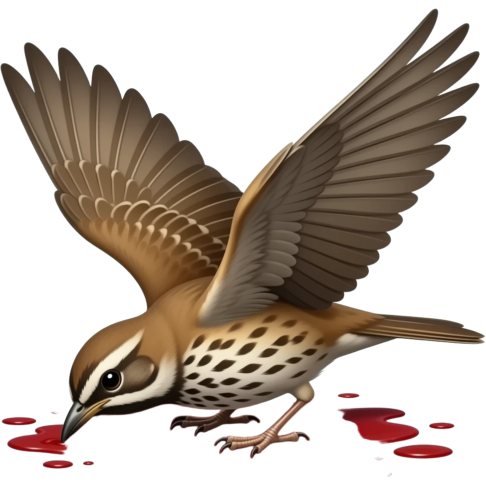 A 2D render iPhone emoji icon of a detailed Brown and red color 3D Render iPhone emoji png of a songbird pinned up with its wings sprawled out and mangled and blood underneath the bird its eyes dead emoji
