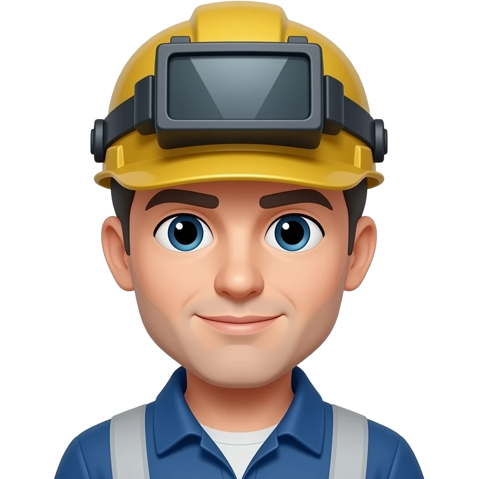 A short-haired man with gray and black hair mixed like a bridge. He's wearing a welder's hat emoji