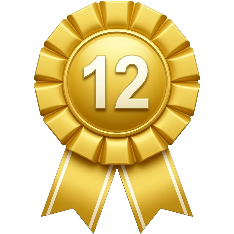 a prize ribbon that is lighter gold in color and has a 12 in the center emoji