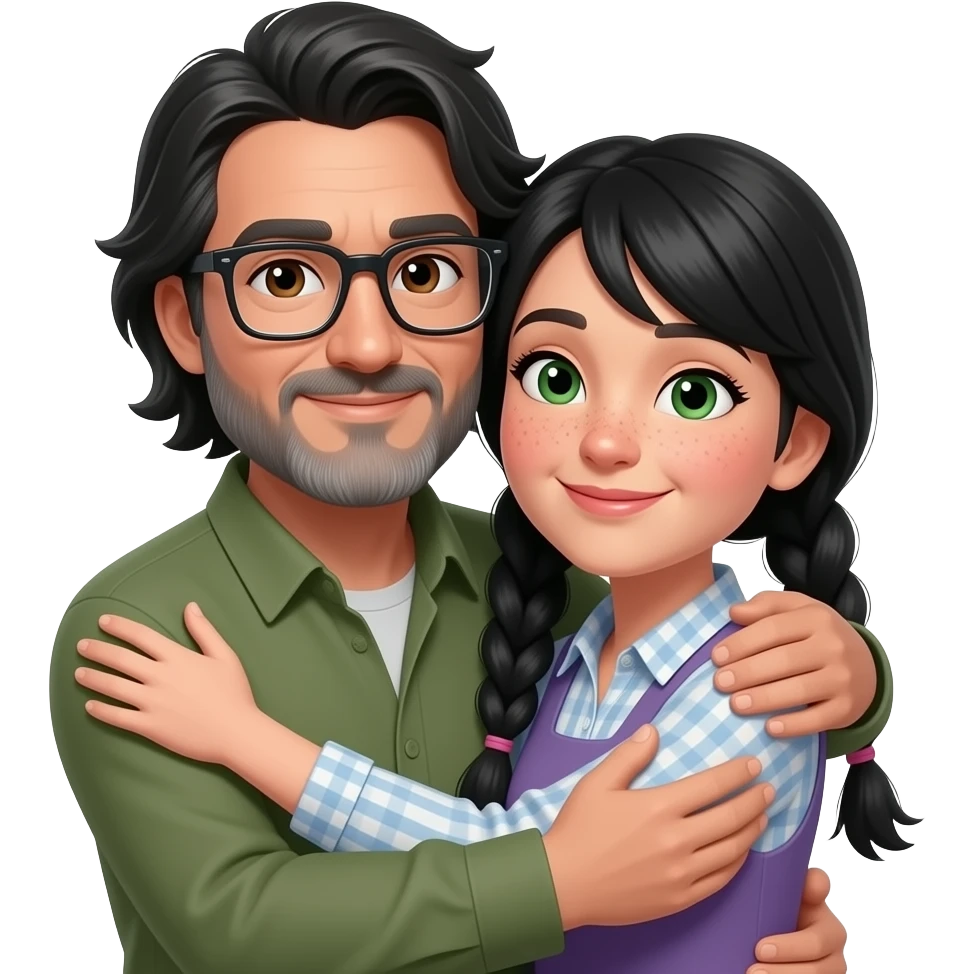 Black haired middle aged guy with floppy straight hair bangs to one side, brown eyes, olive skin, gray beard and clear squared rim glasses tightly hugging a black hair middle age woman with long pigtails, rosy cheeks, nose freckles, and  green eyes emoji