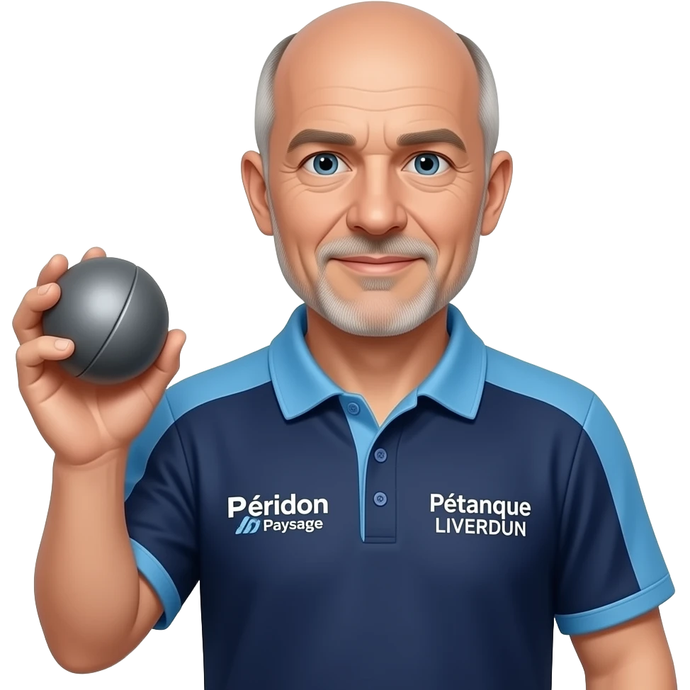 tête homme 60 ans complétement chauve chauve avec boule de pétanque grise à la main sur maillot bleu foncé avec col trois boutons bleu clair avec épaules seules bleu clair coté droit Pétanque LIVERDUN, côté gauche "Péridon Paysage" emoji
