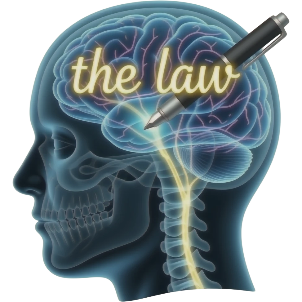 I need a human mind emoji, with a cool x-ray and glow feel, the ten commandments embedded into their head/mind, with a network of how it works. But I also want a pen writing the law on their mind in glowing words stating (the Law) emoji