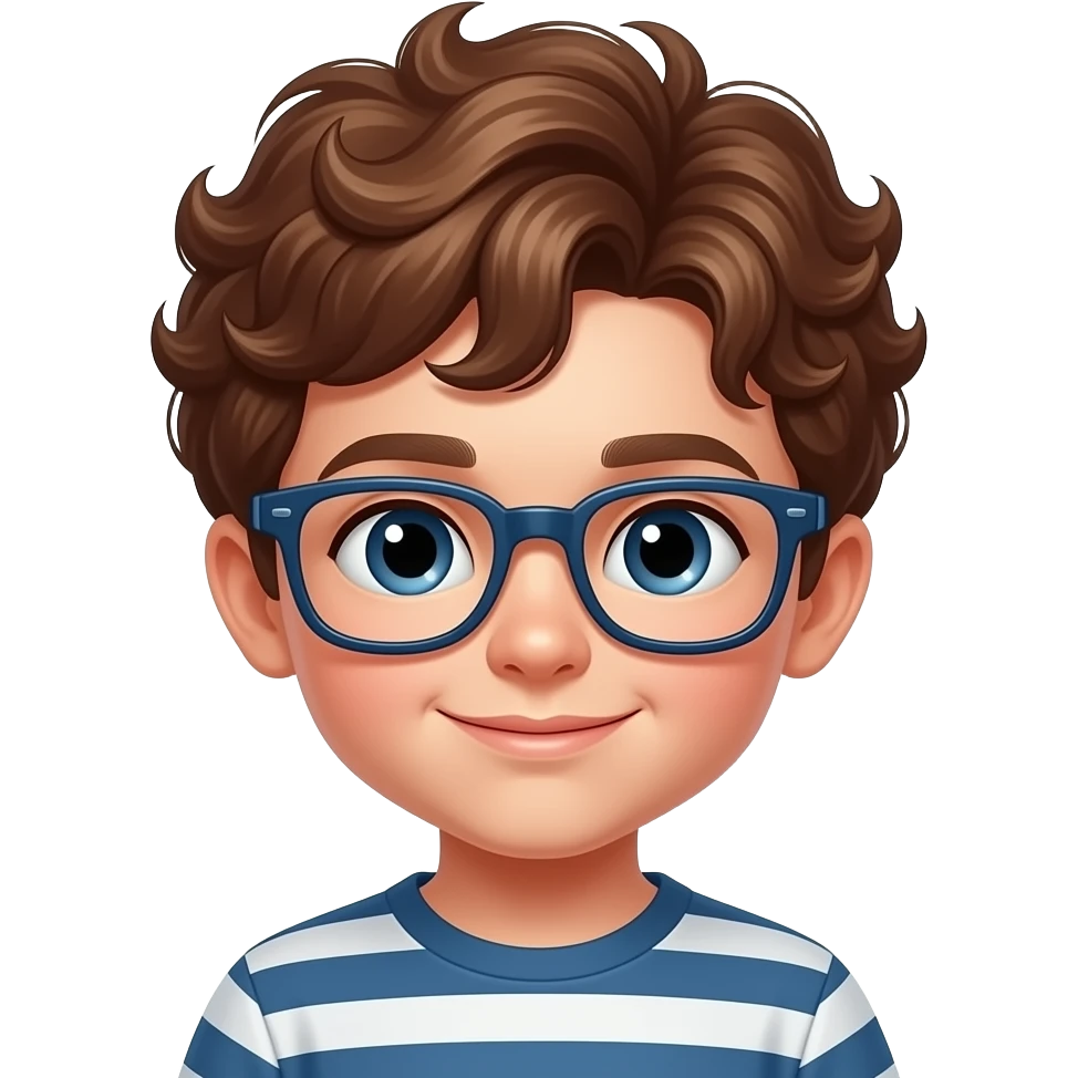 A cute Little boy with tight curly brown auburn hair and dark blue little glasswes emoji