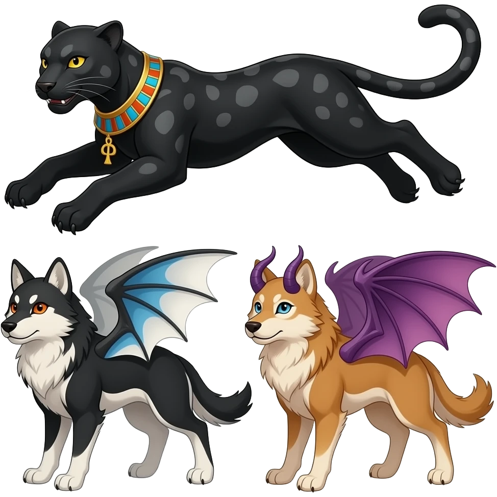 an egyptian black panther leaping playfully with dark grey markings in its black fur and golden yellow eyes. an ankh necklace around its neck. Leaping at a russet wolf with black white and blue wings and orange eyes and a tan wolf with purplish draconic succubi wings and blue eyes emoji