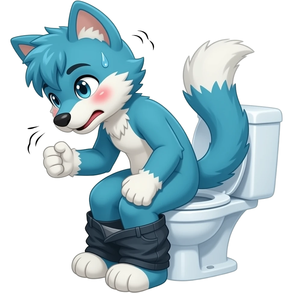 blue fursuit sitting on toilet, side view, pants down, straining face, red blushing face, sweating, pain, pushing emoji