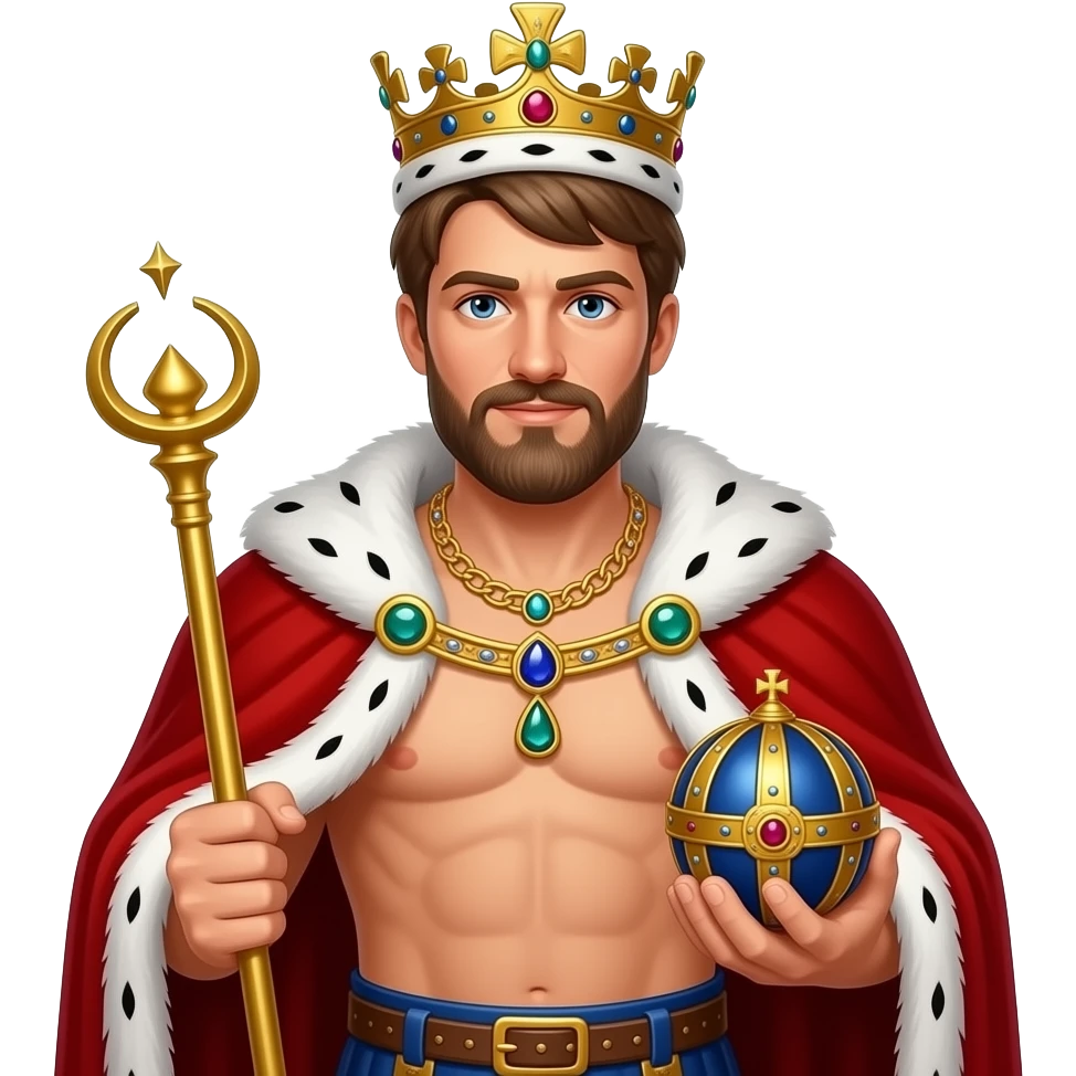 Portrait von einem König um die 40 mit brauen und leicht grauen Strähnen in den Haaren und Bart. er trägt eine prunkvolle königliche krone und Goldkette mit Edelsteinen. Er hat kein Hemd an und öffnet sein roten samt Umhang mit weißen Pelz. Er hält ein Zepter und ein Reichsapfel in sein Händen emoji