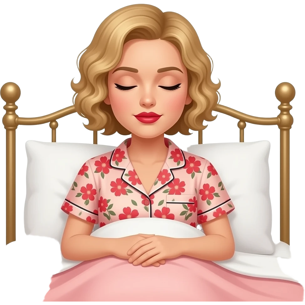 Short curly blond hair side swept red lipstick and peach and RED FLORAL SHORT SLEEVE PAJAMAS SET UNDER A PEACH DUVET SLEEPING, BLACK EYEBROWS ON A VITCTORIAN BED emoji