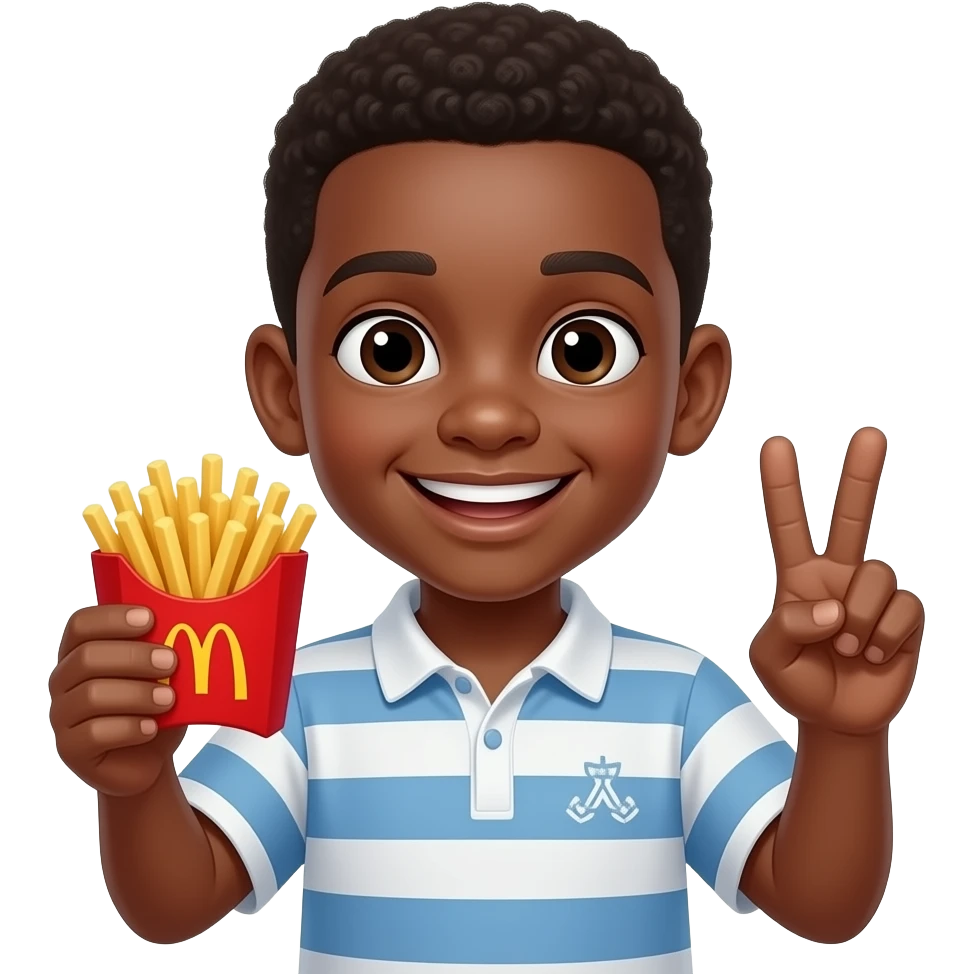 Boy emoji who’s black with mc Donald’s small fry in on hand and peace sign with other while smiling emoji