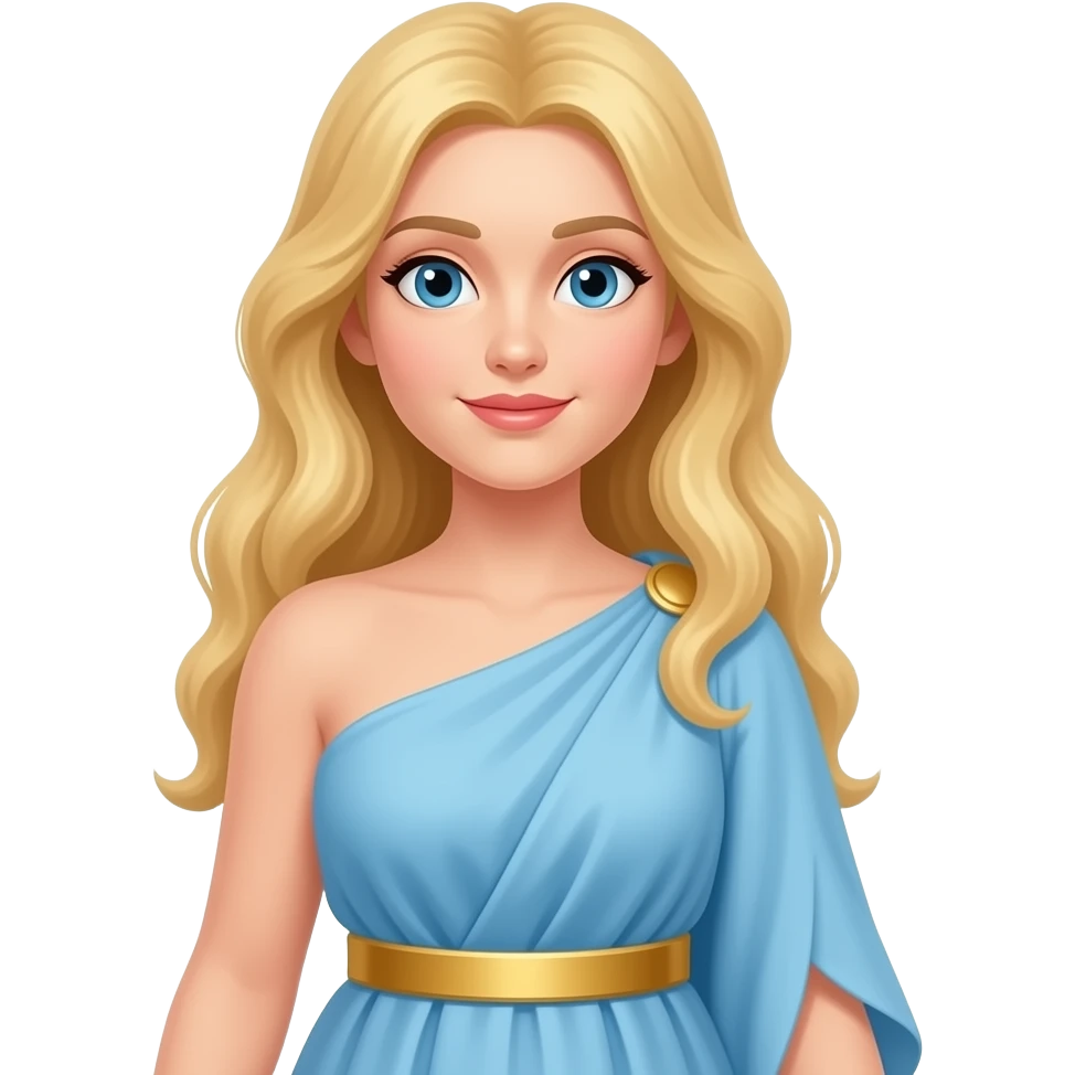 Greek godess with blonde hair, light blue dress and golden obi belt emoji