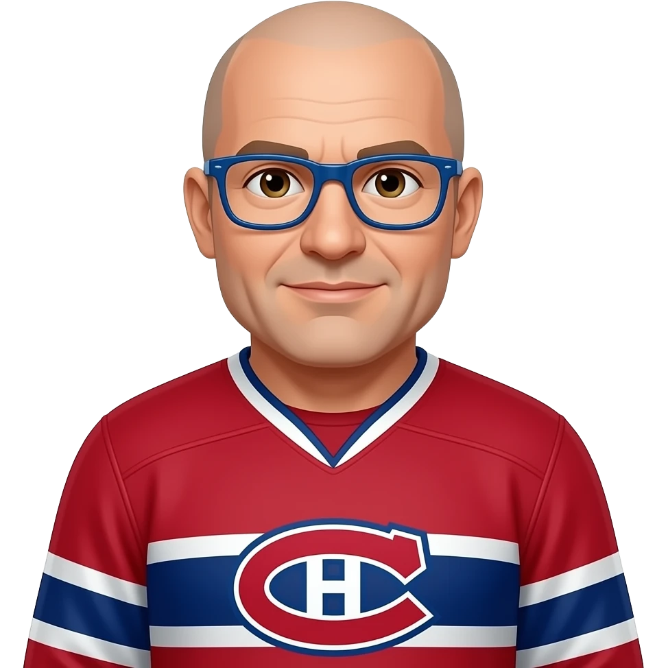 50 year old 180 lbs man, completely Bald, no hair, brown eyes, wearing blue glasses and montreal canadiens jersey emoji