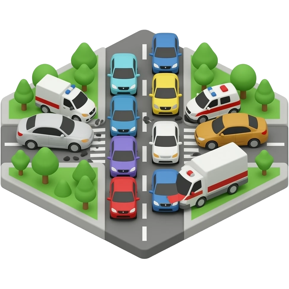 Isometric 3D emoji of major traffic congestion, accident scene  in middle of road, cars stopped in both directions forming long  queues, emergency vehicles trying to reach the scene, top-down  view, cute style, white background emoji
