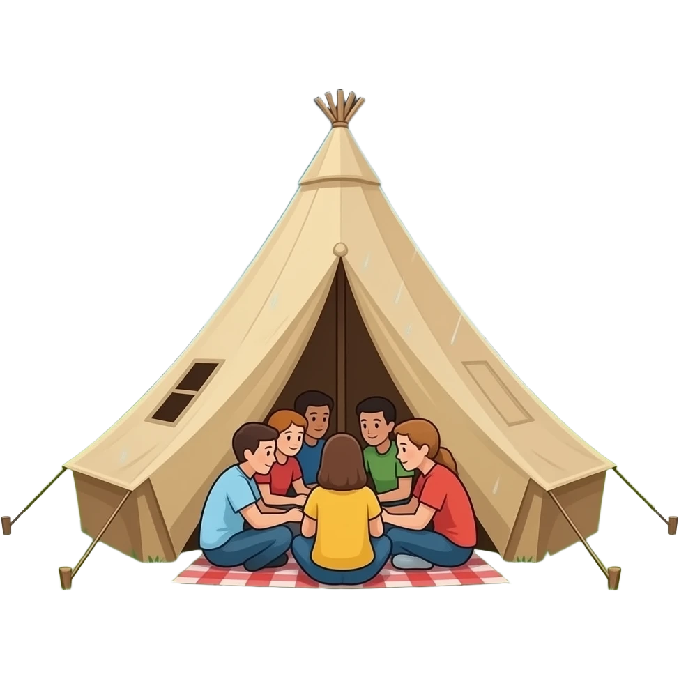 people in a tent under rain emoji
