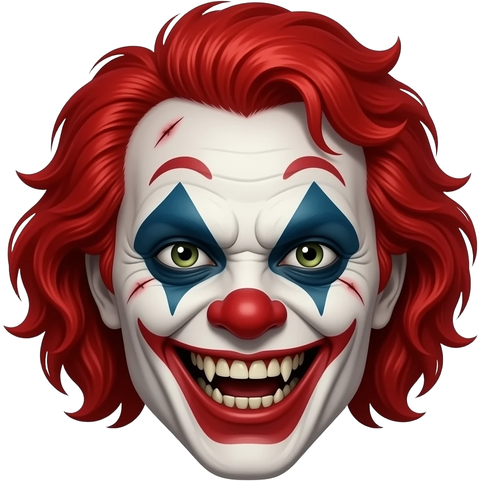 An evil clown with red hair, head only, wicked grin, hyper real, scary emoji