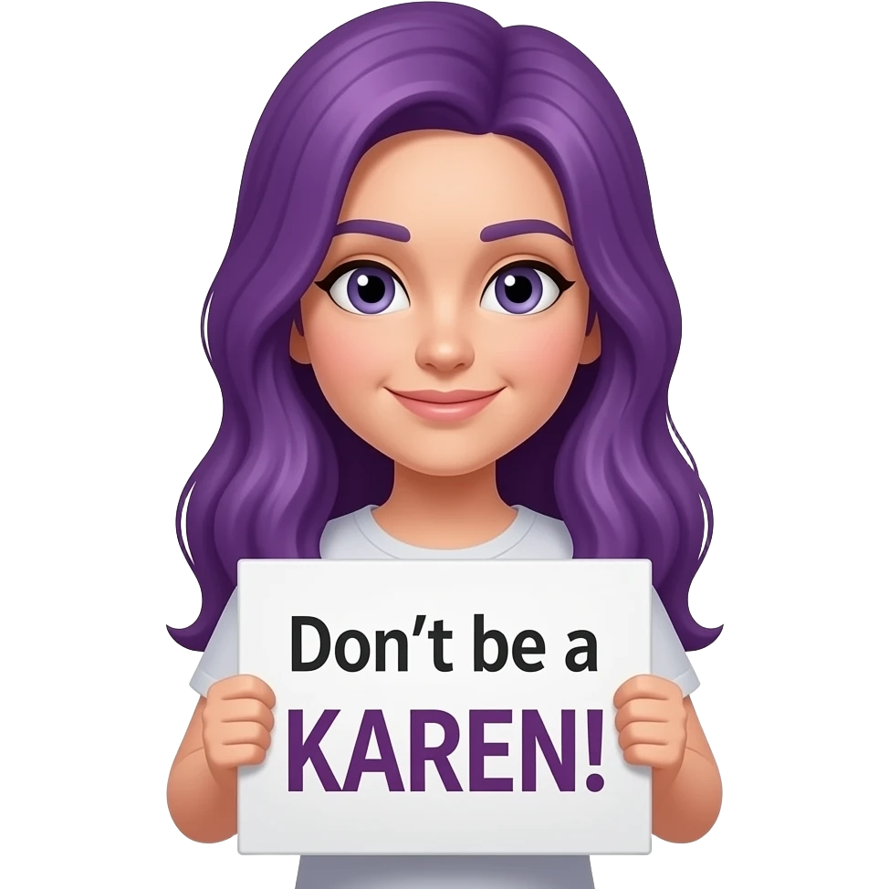 girl with long purple hair holding a Don't be a KAREN! sign emoji