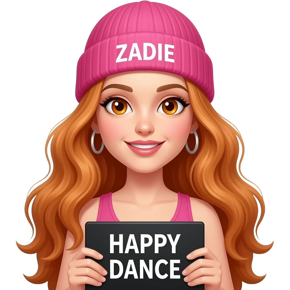 sexy girl with overlong wavy ginger hair and ginger eyes wearing a pink tanktop and a pink beanie with ZADIE written on it, is holding a black sign with HAPPY DANCE 🎵 written on it emoji