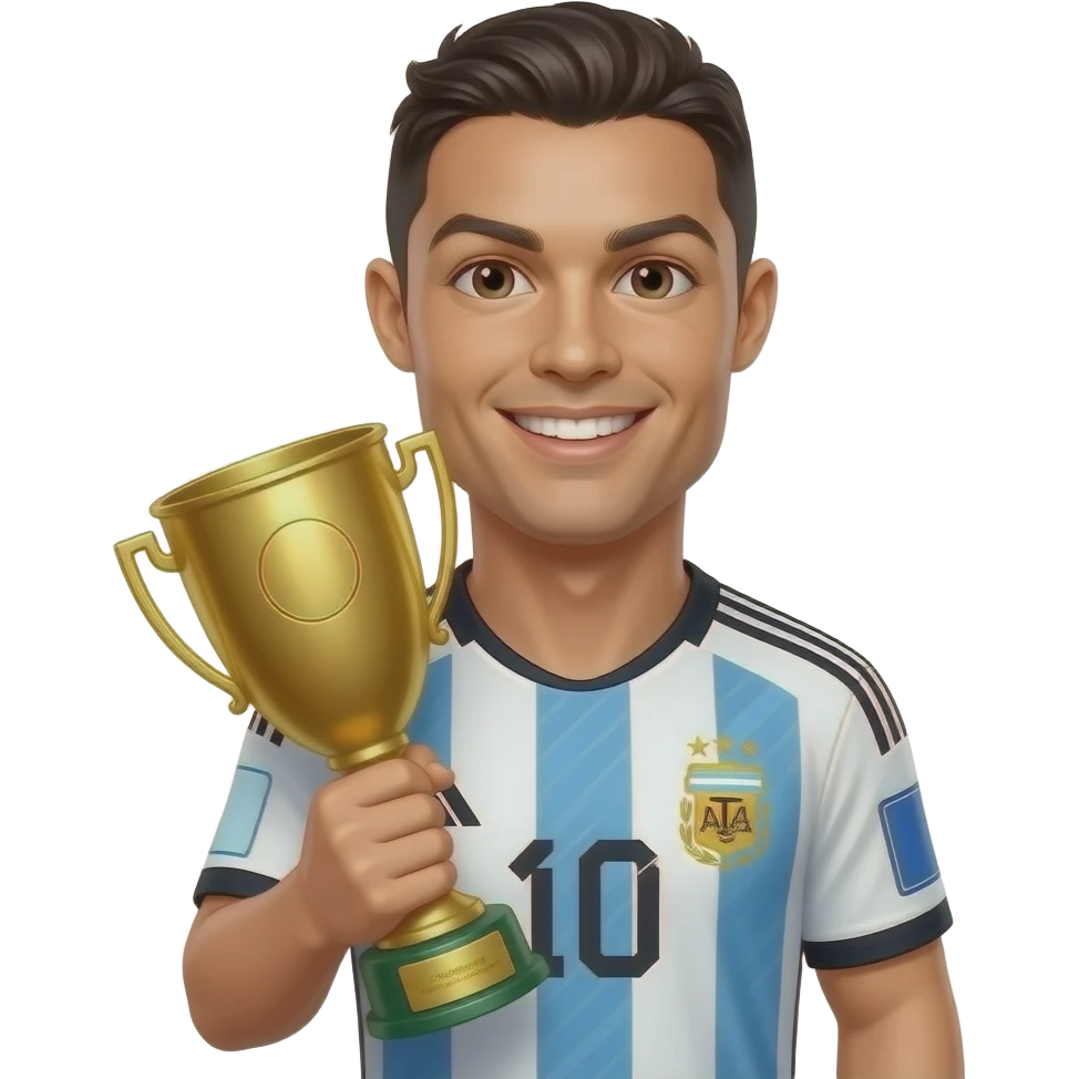 Cute 3D Ronaldo emoji wearing Argentina jersey, holding 1 golden trophy on chest, smiling face, Pixar style emoji emoji