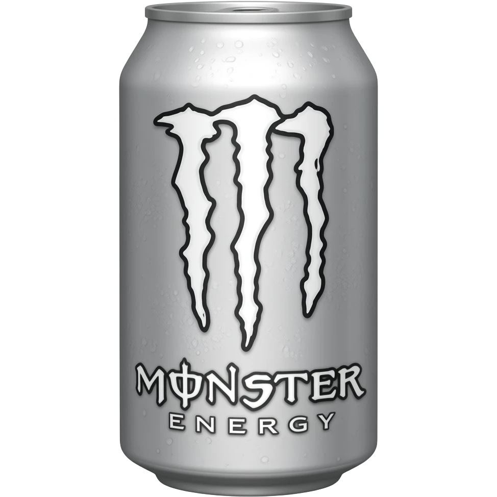 Una lata de monster de color blanco con el logo blanco emoji