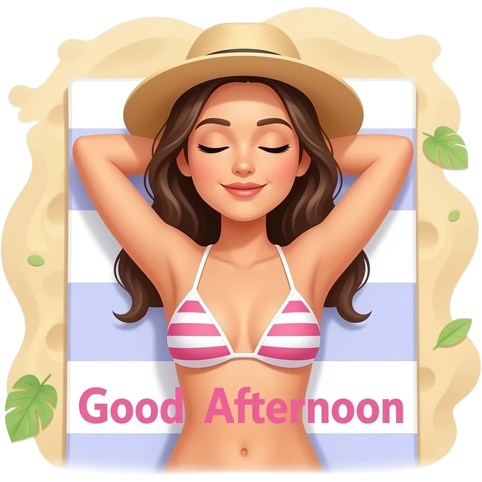 A bikini woman wearing a sun hat lying down on a beach towel tanning on the beach with eyes closed and the words 'Good Afternoon' in pink printed across emoji