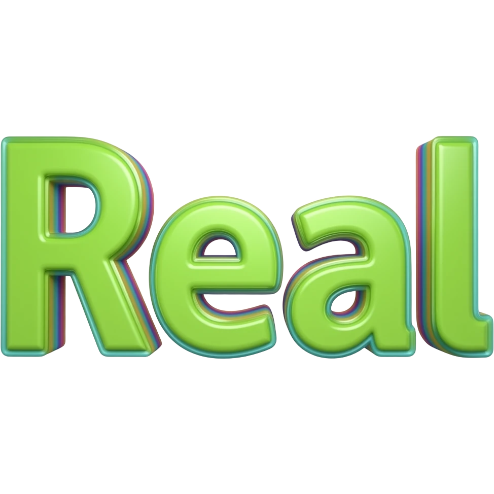 name "Real" in neon lime green, 3D style typography lettering, each color of the rainbow as a border outlined around each letter, isolated, 3d rendering, no emoji icons no emoji faces and must have no human figures emoji