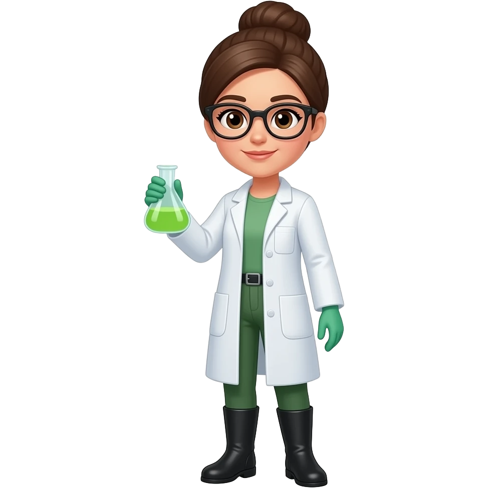 plain face brunette scientist woman with brown eyes, brown hair, in a bun, black glasses, green gloves, a white lab coat, green pants and black boots holding a beaker containing a smoky, lime green liquid emoji
