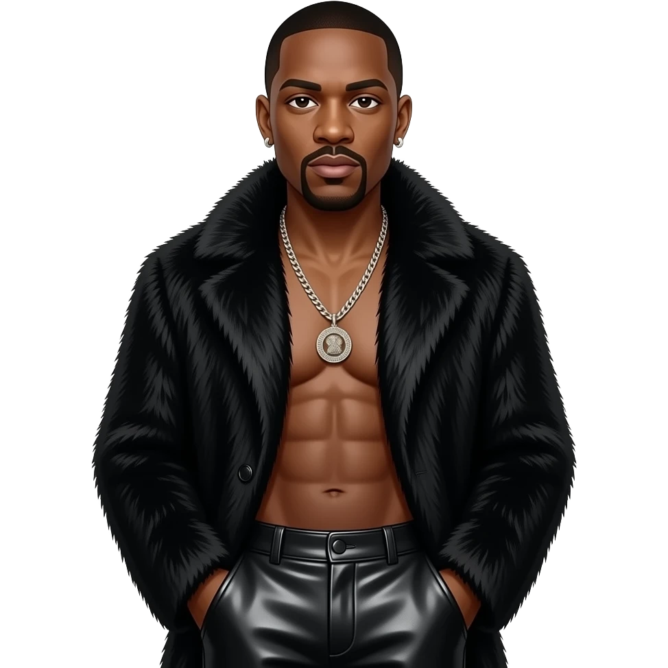 Dr Dre with dark brown eyes, black buzz cut hair, black fur coat, black metallic baggy pants, shirtless with necklace and earrings emoji