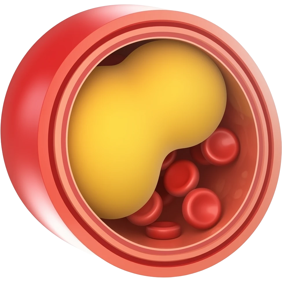 small yellow adipose mass inside redish tube partially blocking blood cells flow. diagonal cut. emoji