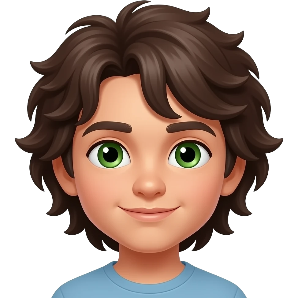 Tan dark brown mullet wavy hair with green eyes kid guy emoji