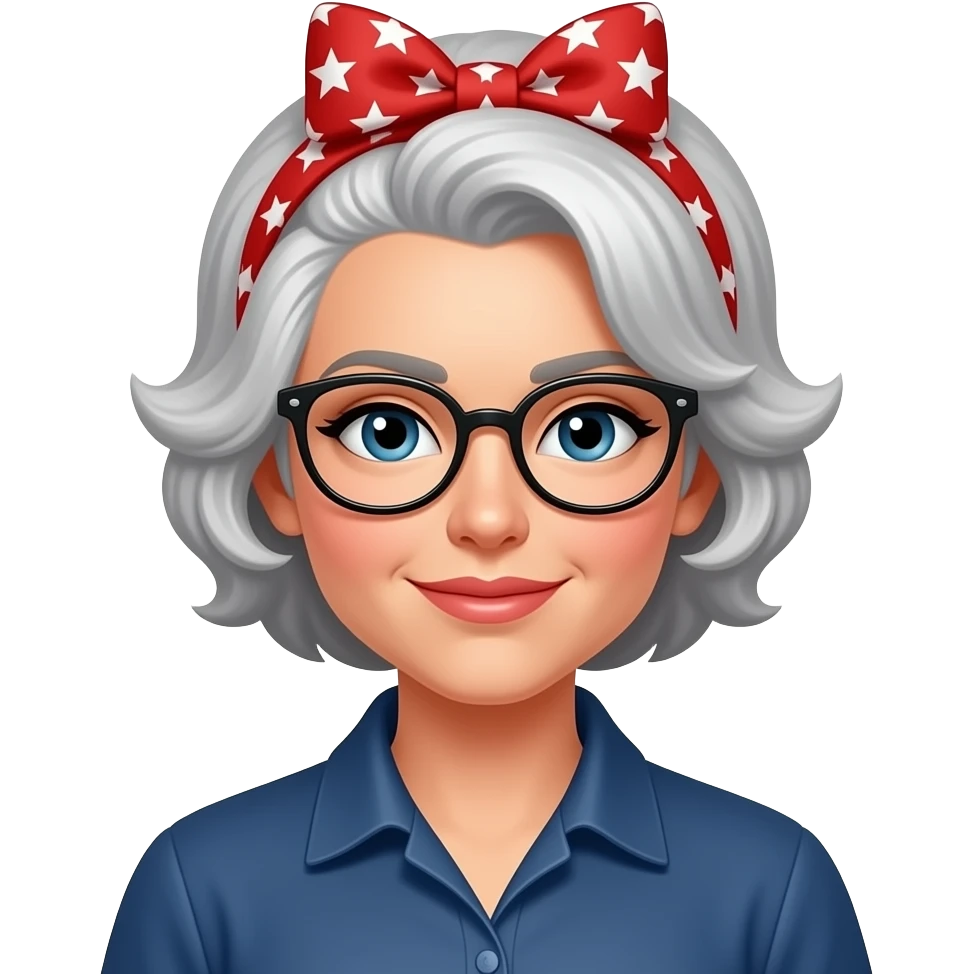 Gray hair, white female with glasses spiky hair as Rosie the riveter emoji