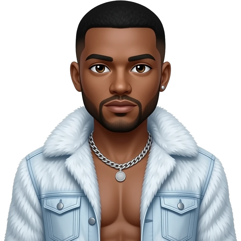 O'Shea "Ice Cube" Jackson with dark brown eyes, black buzz cut hair, light steel blue fur shawl, light steel blue metallic baggy pants, shirtless with necklace and earrings emoji